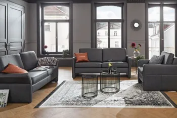 Graue Ledersofa Garnituren in einem Raum mit großen Fenstern.