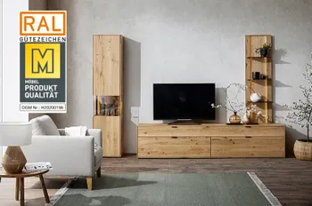 Siegel &quot;Goldene M&quot; auf einem Bild von einer modernen Wohnwand mit rauer Holzoberfläche und Glaselementen in einem modernen Wohnzimmer mit großem Fenster.
