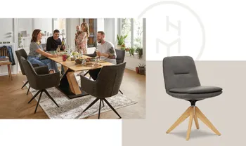 Freunde an Esstisch in modernem Esszimmer und schicker Dreh-Esszimmerstuhl.