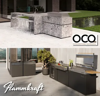 Zwei Outdoorkuechen der Marken OCQ und Flammkraft