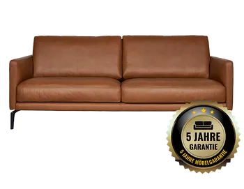 Ledersofa in der Farbe Cognac mit Hinweis auf 5 Jahre Garantie